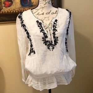 Joie Bohemian floral embroidered v-neck peplum elastic bottom semi-sheer top